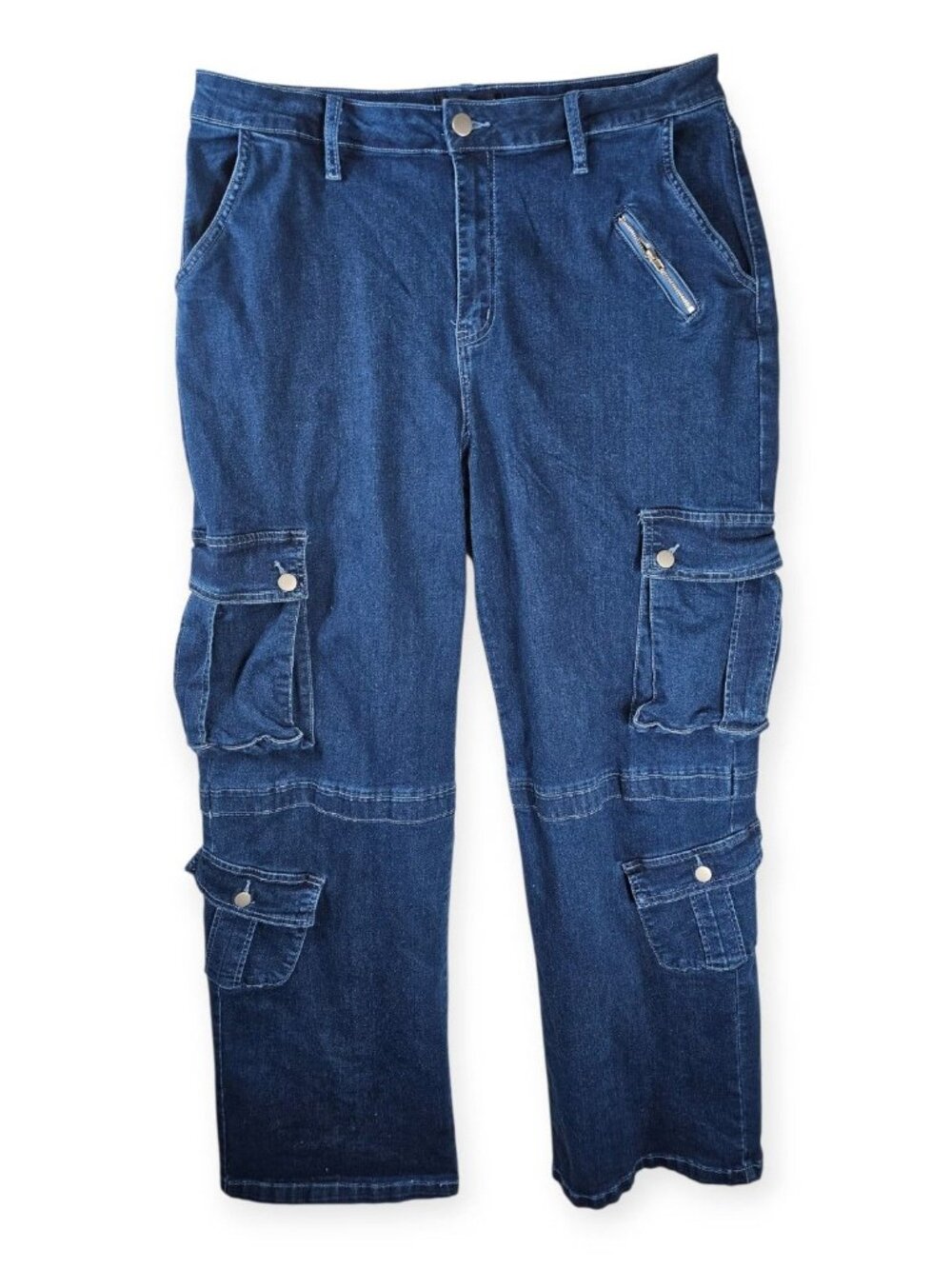 Fashion Nova Winding Road 90s Mid Rise Cargo Jeans Dark Wash Size 16 NWT